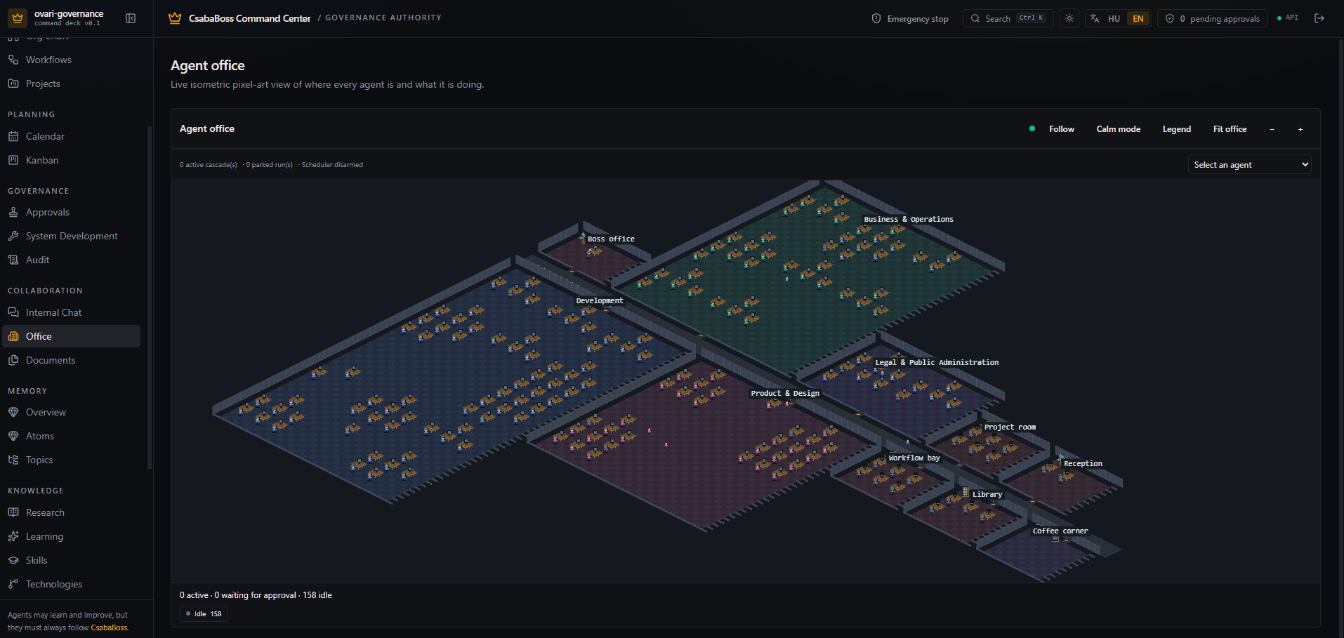 Live isometric office floorplan — department rooms, desks, and agent activity
