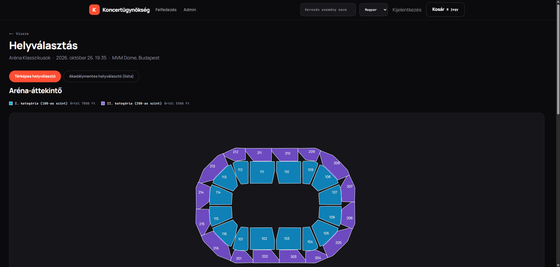Two-level SVG seat map with accessible list-based picker